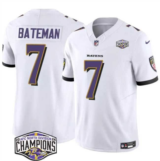 Men%27s Baltimore Ravens #7 Rashod Bateman White F.U.S.E 2024 AFC North Division Champions Vapor Limited Jersey->baltimore ravens->NFL Jersey